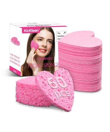 60-Count Kickleen Compressed Cellulose Heart Shape Facial Sponges | 100% Natural Cosmetic Spa Sponges for Facial Cleansing | Exfoliating | Makeup and Mask Removal | Reusable |Skin Massage (Pink)