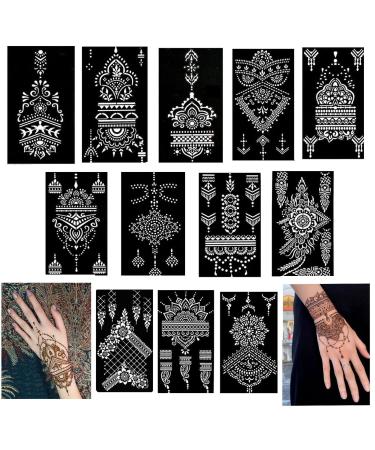 QSTOHENA Henna Temporary Stencil Kit 12 Sheets  Reusable Indian Arabian Self Adhesive Hand Tattoo Templates Stickers for Body Paint