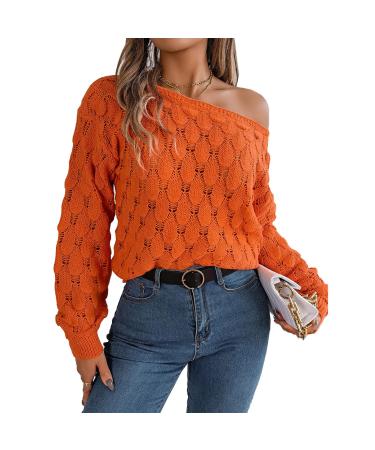 Trisar Pullover Knit Sweater Solid Color Cozy Long Sleeve Hollow Women's Autumn Sweater for Women L Orange