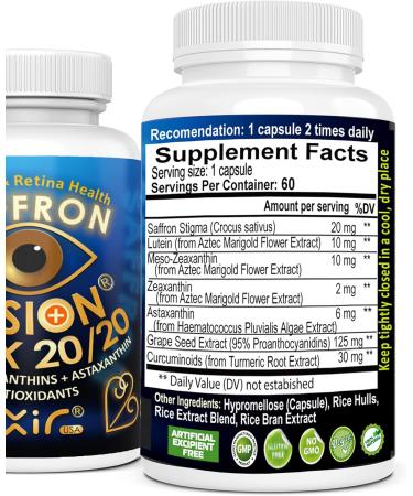 EXIR Eye Supplement | Lutein, Astaxanthin Zeaxanthin, Saffron | Supports Eye Health, Visual Comfort & Focus, VM20-60 Capsule 60 Count (Pack of 1) - Buy Online on GoSupps.com