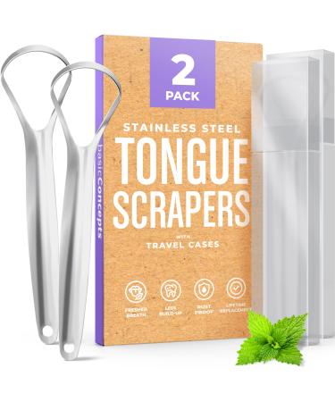 BASIC CONCEPTS Tongue Scraper (2 Pack) Reduce Bad Breath (Travel Cases Included) Stainless Steel Tongue Scrapers for Adults 100% Metal Tongue Cleaners Fresher Breath