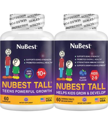 NuBest Bundle Tall 10+ 60 Capsules Tall Kids 60 Chewable Tablets | Height Growth Support for Kids & Teens | Calcium Vitamins D3 K2 Collagen & Herbs
