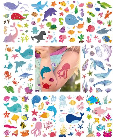 Hyttrolly Ocean Adventure Temporary Tattoos for Kids  96 Unique Marine Life Designs  Waterproof & Long-Lasting  Non-Toxic & Child-Friendly  Perfect for Underwater-Themed Parties  Birthdays  Favors Marine 96Pcs
