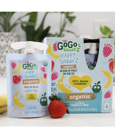 GoGo squeeZ happy tummieZ Organic Apple Banana Strawberry 3.2 oz - 4 Pouches | Prebiotic Fiber Kids Snacks | Gluten-Free, Nut-Free, Dairy-Free, Vegan - Buy Online on GoSupps.com
