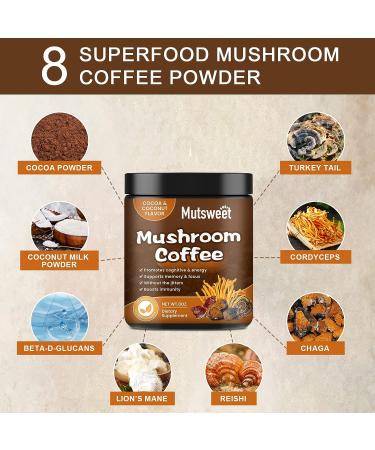 Mutsweet Super Mushroom Powder 8oz - Coffee Alternative Supplement with Cacao, Lions Mane, Turkey Tail, Reishi, Chaga, Cordyceps for Energy, Focus & Immune Support - Buy Online on GoSupps.com