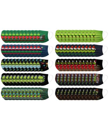 100Pcs Kids Grinch Disposable Face_Mask - Christmas Childrens Face_Mask Assorted Colors Design Boys Girls 3-Ply Face_Covering (Grinch J)