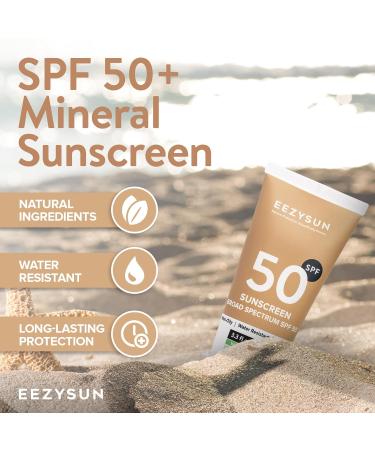 EEZYSUN Mineral SPF 50 Sunscreen | Infused with Aloe Vera | Vegan and Cruelty-Free | Hawaii 104 Reef Act Compliant | Broad Spectrum with UVA/UVB Protection | Natural & Non-Oily | 3.3 FL OZ - Buy Online on GoSupps.com