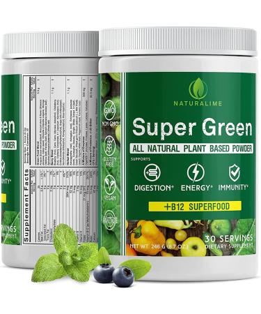 NATURALIME Super Greens, Best Natural Powder Superfood, Whole Foods, Spirulina & Chlorella, Vitamin B12, Non-GMO Vegan Drink, Juice & Smoothie Blend, Enzymes, Probiotics, Acai Berry & Camu Camu.