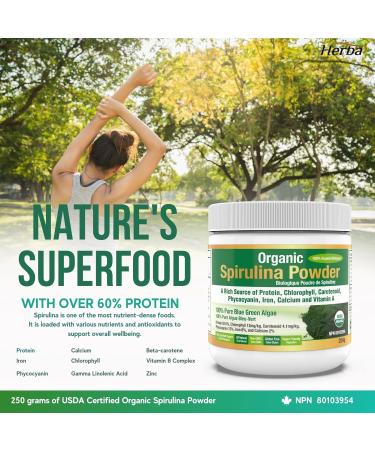 Herba Organic Spirulina Powder 250g Certified USDA Organic & Tested for Heavy Metals | Made in Canada | Pure Spirulina Powder Organic Canada - Buy Online on GoSupps.com