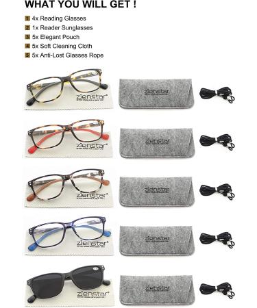 Stylish 2.0 Reading Glasses for Women and Men - 5 Pack with Sunglasses Reader and Spring Hinge in Assorted Colors - Buy Online on GoSupps.com