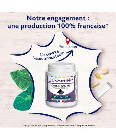JUVAMINE - Vegetable Charcoal 1000 Mg - Digestion - Bloating - Flatulence - Gas - Helps reduce excess flatulence after a meal - 1 month program - 120 Capsules - Made in France - Buy Online on GoSupps.com