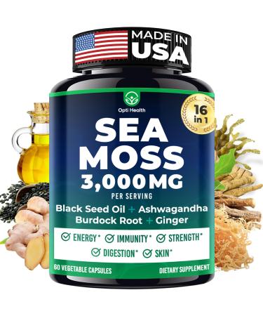 Sea Moss Black Seed Oil Ashwagandha Ginger - Advanced Irish Sea Moss Capsules All in One Supplement with Seamoss Black Seed Oil Ashwagandha Burdock Root Bladderwrack - Pills for Energy, Immune, Gut