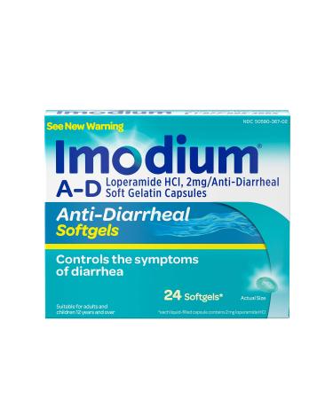 Imodium A-D Anti-Diarrheal Medicine Softgels with Loperamide Hydrochloride, 24 ct.