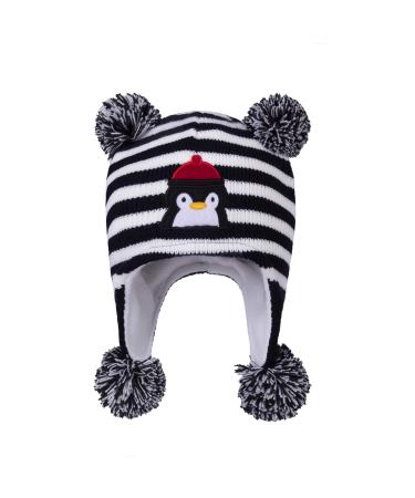 LANGZHEN Toddler Kids Infant Winter Hat Earflap Knit Warm Cap Fleece Lined Beanie for Baby Boys Girls 1-2 Years Penguin -Black Stripe