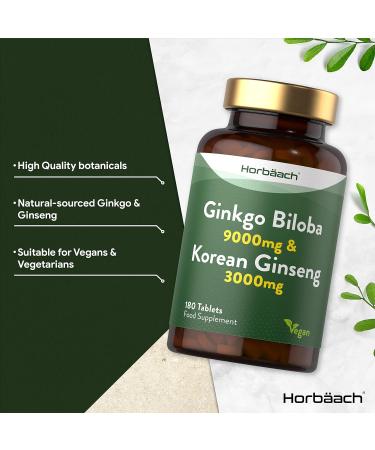 Ginkgo Biloba & Korean Ginseng Tablets | High Strength 9000mg & 3000mg | 180 Vegan Tablets by Horbaach - Buy Online on GoSupps.com