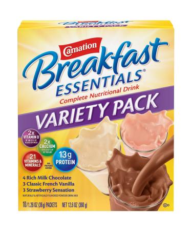 Carnation Breakfast Essentials Powder Drink Mix Variety Pack, Complete Nutritional Drink, 10 Count Box of 1.26 Ounce Packet