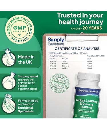 Ginkgo Biloba and Korean Ginseng (Panax) | 120 Tablets | Vegan Friendly | Up to 2 Months of Benefit | SimplySupplements - Buy Online on GoSupps.com