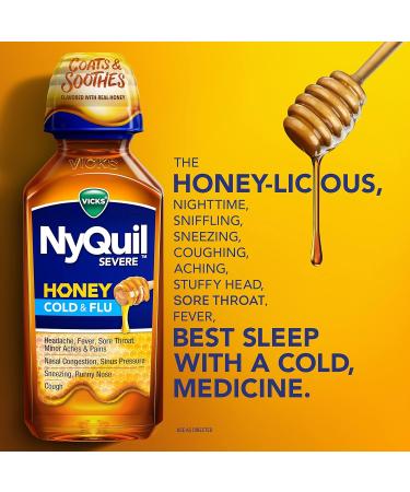 Vicks NyQuil Severe Honey Cold and Flu Medicine 12 Oz - Maximum Strength Relief for Cough, Sore Throat, Fever, and Congestion - Buy Online on GoSupps.com