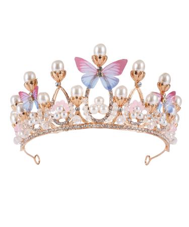 Princess Tiaras for Girls, Birthday Crown for Girls Butterfly Princess Performance Disc Hair Model Catwalk Handmade Crystal Tiara Rose Gold-05