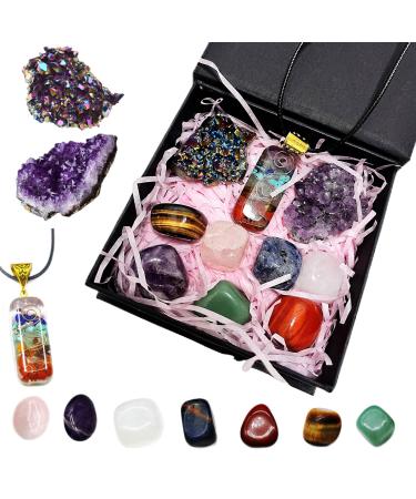 Qlisytpps 10pcs Healing Crystals Set Real Crystals Stones Kit Chakra Crystals Gemstones Amethyst Clusters geode Crystals Chakra Necklace Witchcraft Crystals Gifts Beginners Gift