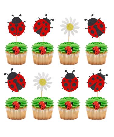 Arthsdite 24Pcs Ladybug Cupcake Toppers Flowers Insects Cupcake Picks Garden Theme Baby Shower Kids Birthday Party Cake Decorations Supplies