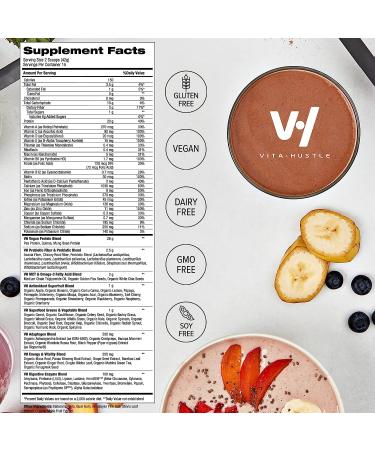 VitaHustle ONE Superfood Protein Powder Vanilla 20G Vegan Protein Meal Replacement with 86 Superfoods, 22 Vitamins & Minerals, Probiotics - Paleo, Keto, Dairy Free, No Added Sugar - Buy Online on GoSupps.com