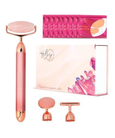 MyBerg Jade Roller for Face  3 in 1 Electric Face Massager  Facial Lifting Tool  8 Gold Under Eye Patches In  T Shape Face Vibrating Massager  Anti-Aging Skin Care  Face Sculpting  Natural Rose Quartz