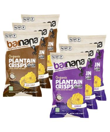 Barnana - Organic Plantain Crisps 2-Flavor Variety Pack Sea Salt + Garlic Healthy Treat For The Whole Family w/ 100% Coconut Oil Zero Sugar Paleo Vegan Gluten-Free USDA Organic (4oz 6-Pack)