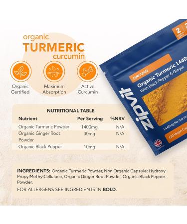 Organic Turmeric Curcumin 1440mg with Black Pepper & Ginger | 120 Vegan Capsules | Soil Association Certified | Vegetarian Society Approved - Buy Online on GoSupps.com