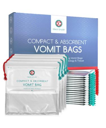 Medi Grade Absorbent Sick Bags for Car Travel, Boat or Plane - Pack of 22 Leakproof Travel Sickness Vomit Bags with Zero Odour  Sealable Travel Sick Bags, Turns Vomit to Gel, Holds Up to 1 Litre