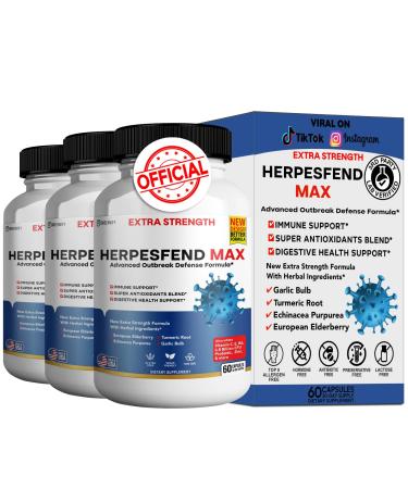 HerpesFend Max Extra Strength Advanced Defense Formula 60 Capsules with Elderberry Echinacea Turmeric Garlic Vitamins and Probiotics (3)