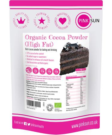 PINK SUN Organic Cocoa Powder 1kg High Fat (22% Cocoa Butter) Alkalised for Baking Unsweetened No Added Sugar Drinking Chocolate 1000g Bulk Buy 1 kg (Pack of 1)