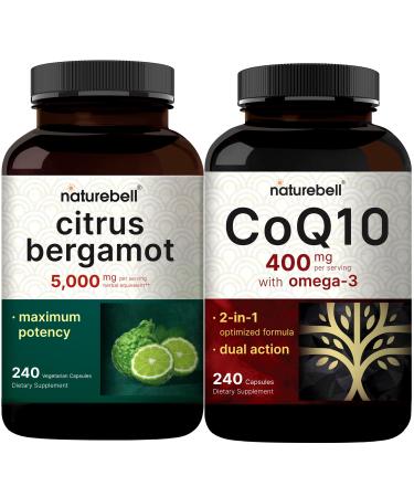 NatureBell CoQ10 400mg Capsules with Omega 3 Fatty Acids & Citrus Bergamot Veggie Capsules 5,000 mg Equivalent Bundle Pack | Stable High Absorption Form | High Antioxidant Level