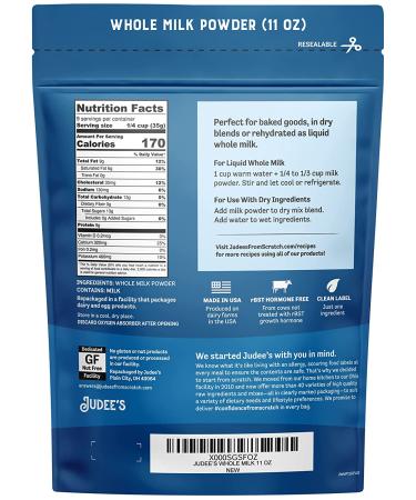 Judees Pure Whole Milk Powder 11 oz - 100% Non-GMO  rBST Hormone-Free  Gluten-Free and Nut-Free - Pantry Staple  Baking Ready  Great for Travel  and Reconstituting - Made in USA Whole Milk 11 Ounce (Pack of 1) - Buy Online on GoSupps.com