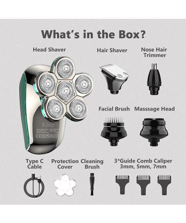 Kibiy 5-in-1 Cordless Head Shaver for Men - IPX7 Waterproof Electric Razor & Grooming Kit with Nose Trimmer - Green - Buy Online on GoSupps.com