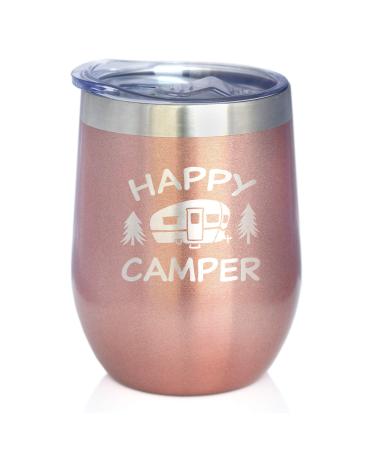 Bevvee Happy Camper Wine Tumbler with Sliding Lid - Stemless Stainless Steel Insulated Cup - Cute Outdoor Camping Mug - Rose Gold