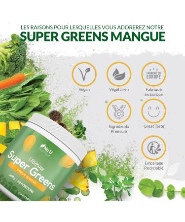  Nu U Nutrition Super Greens | Mango | Green Juice Powder 300g - 17 Active Superfood Ingredients - 60 Servings - With Inulina Spirulina Chlorella Maca Root & More - 100% Vegan Nu U Nutrition - Buy Online on GoSupps.com
