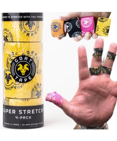 Super Stretchy Thumb Tape - Weightlifting Hook Grip Tape & WOD Tape for Cross Training Gym Workout Tape Athletic Finger Wrap - Flexes with Every Move - 15 Feet per Roll (Yellow 4-Pack)