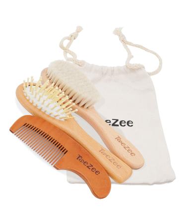 ToeZee Wooden Baby Hair Brush and Comb Set | Natural Soft Bristles Made from Goat Hair | Best for Cradle Cap | Perfect Baby Registry Gift with Travel Bag | Suitable for an Infant or a Toddler