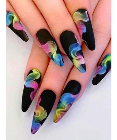 24pcs Rainbow Black Coffin Fake Nail Black Striped Press on Nails Rainbow Black Coffin Nails Luxurious Nails Acrylic Nails Fake Nails For Women Girls