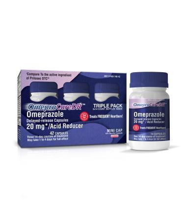 OmepraCareDR 42 Count Capsules Omeprazole 20mg Acid Reducer for Heartburn, (14 Capsules/Bottle) One 3-Pack Carton for Three 14-Day Courses, Delayed-Release Mini Capsules