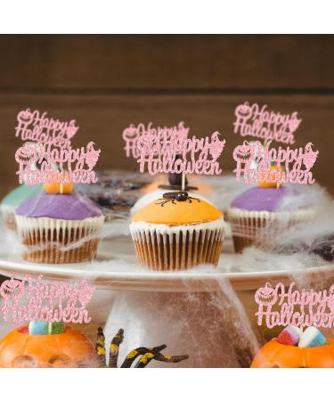 Gyufise 24Pcs Happy Halloween Cupcake Toppers Pumpkin Ghost Glitter Halloween Cupcake Pick Decorations for Kids Halloween Themed Birthday Party Decorations Pink - Buy Online on GoSupps.com