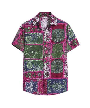Yowablo Shirt Men Colorful Stripes Summer Short Sleeve Loose Buttons Casual Blouse XXL C