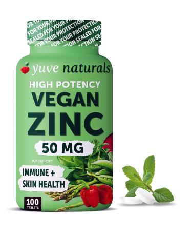 Yuve Natural Vegan Zinc Supplements 50mg Immune Support Fast Relief from Colds and Flu Acne Free Skin Healthy Hormone Levels Non-GMO Gluten & Sugar Free - 100 Vegetarian Tablets 100 Count (Pack of 1)
