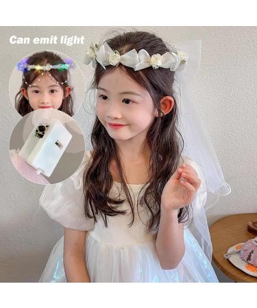 First Communion Veil with Light and Crystal First Holy Communion Veil for Girls White Bow and Flower Crown Lace Veil First Communion Headpiece for Girls First Communion Veil - Buy Online on GoSupps.com