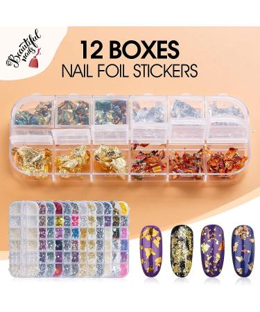 12 Boxes Nail Art Rhinestones & Decoration Kit with Brushes, Dotting Pen, Gems, Studs, Foil Flakes, Tapes, Tweezers - Buy Online on GoSupps.com