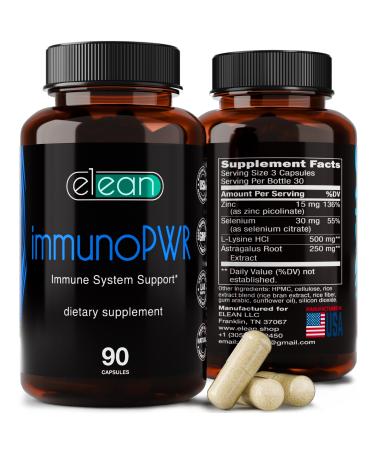 ELEAN Immuno PWR- enriched with Zinc Selenium Amino Acid Lysine and Astragalus Root Extract for Collagen Synthesis Thyroid Health Mineral Support Energy and Immune Health 90 Veg Capsules.