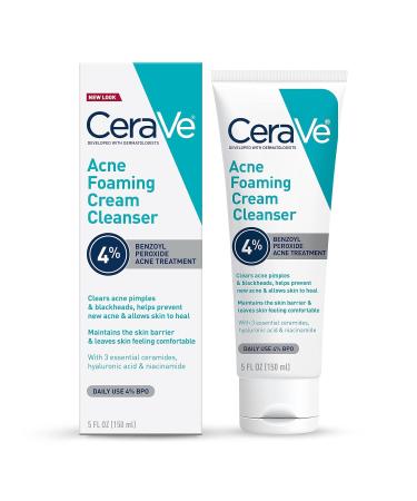 CeraVe Acne Foaming Cream Cleanser | Acne Treatment Face Wash with 4% Benzoyl Peroxide, Hyaluronic Acid, and Niacinamide | Cream to Foam Formula | Fragrance Free & Non Comedogenic | 5 Oz 5 Fl Oz (Pack of 1) - Buy Online on GoSupps.com