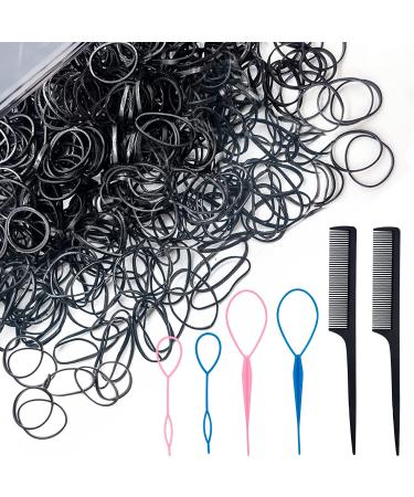 AIBEE Mini Rubber Bands, 1000pcs Small Black Elastic Hair Bands Hair Ties with 2pcs Rat Tail Comb 4pcs French Braiding Tool Hair Loop Styling Tool for Kids Girls Hair Braids Hair Accessories