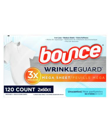 Bounce WrinkleGuard Mega Dryer Sheets, Fabric Softener and Wrinkle Releaser Sheets, Unscented, 120 Count (Pack of 2, 60 Count Each)